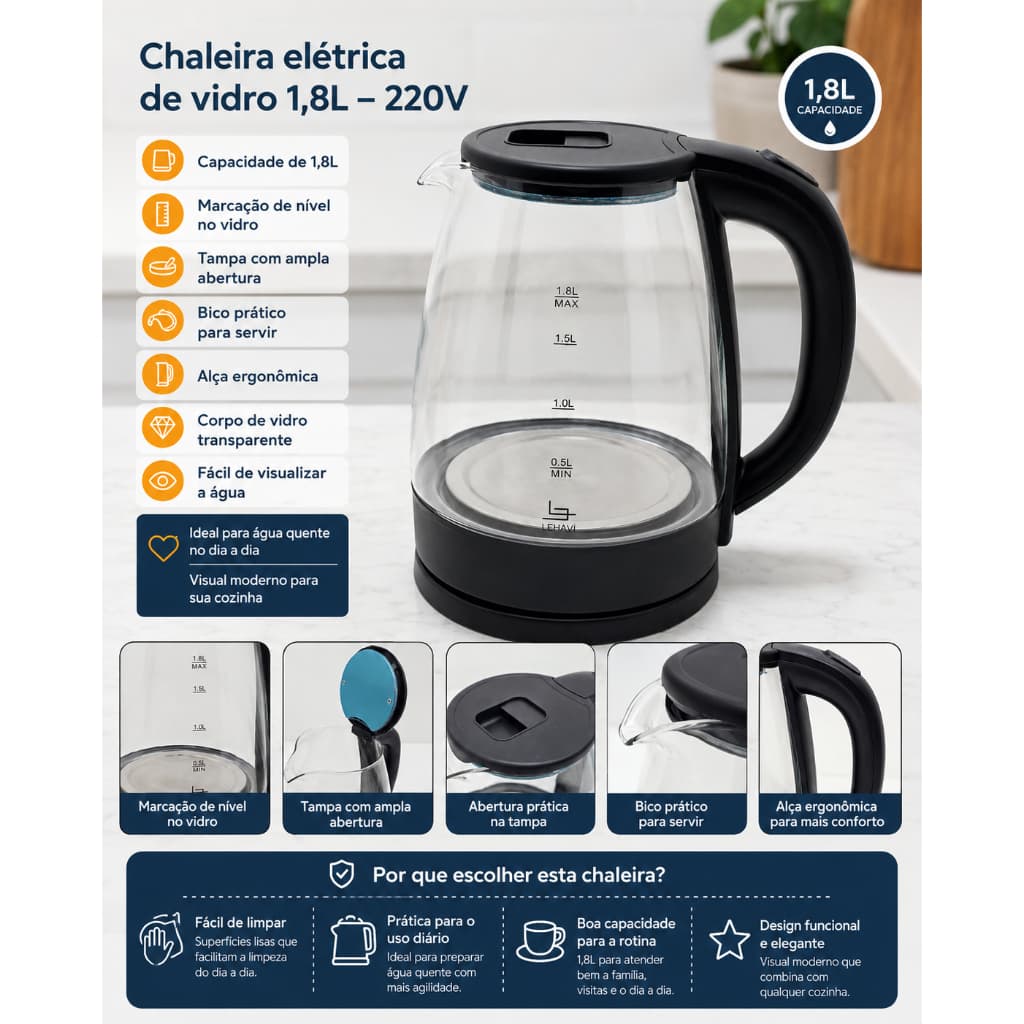 Chaleira Elétrica Vidro 1,8L Transparente 1500w Forte Grande 220v Resistente Prática 360° Giratória