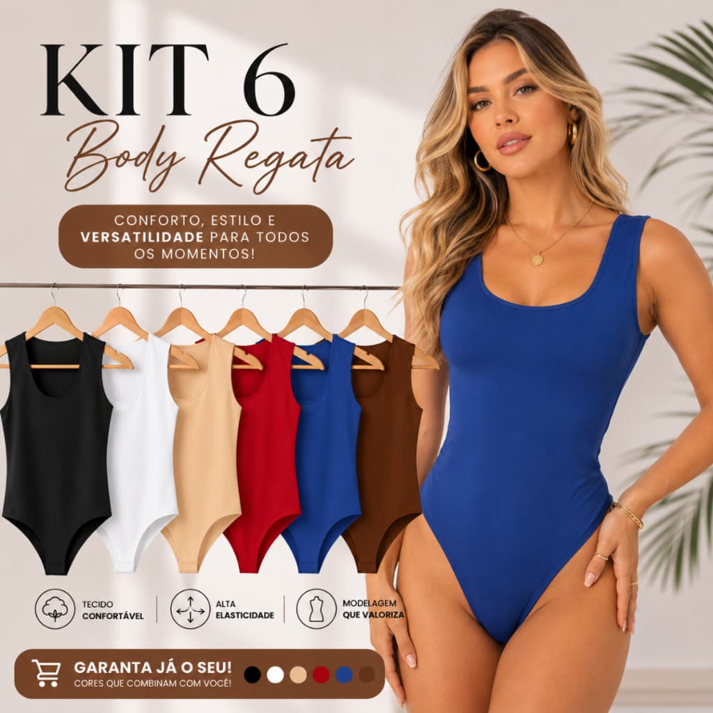 Kit 6 Body Feminino Decote Quadrado Alça Larga Regata Suplex Liso Casual Collant Premium