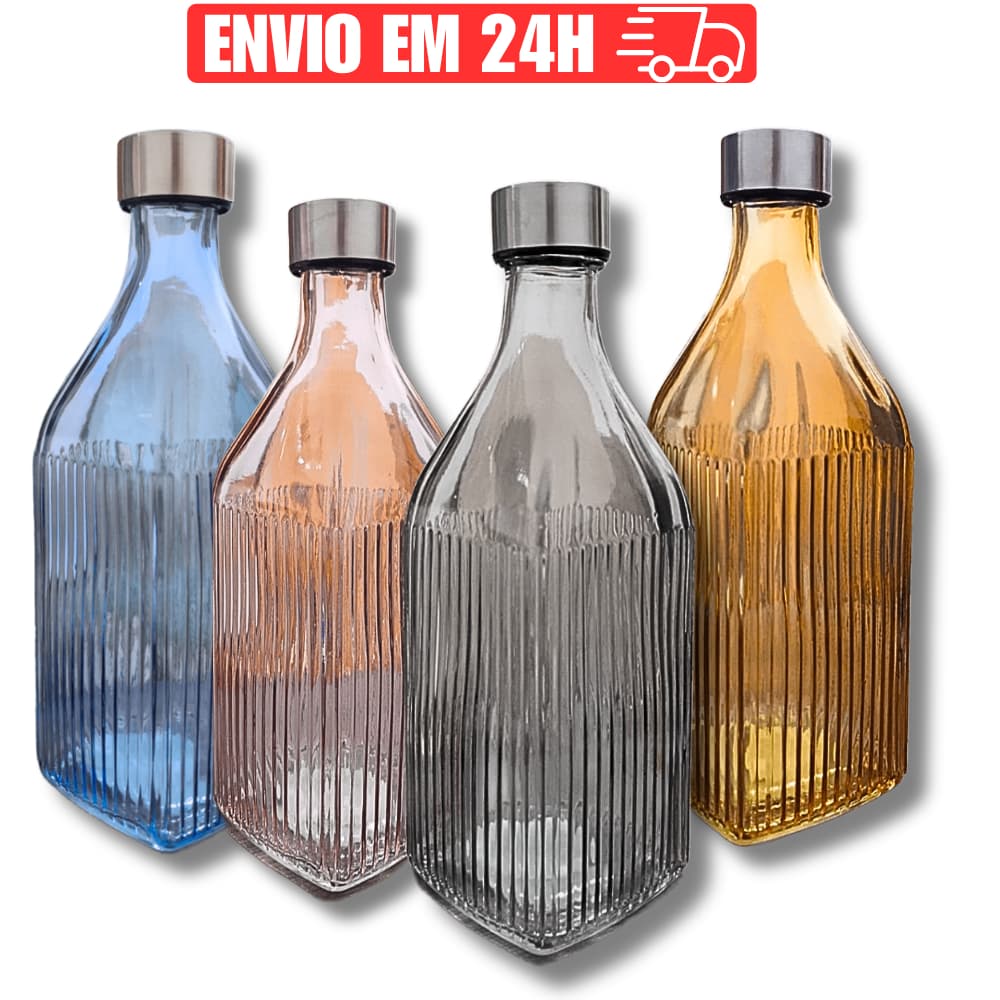 Kit Garrafa de Vidro Agua Hermetica Tampa Inox  1L Resistente Jarra Suco Geladeira Mesa Garrafinha