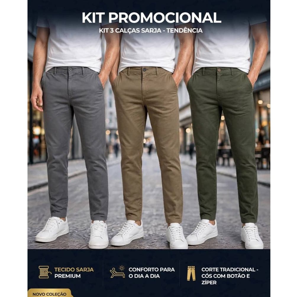 Combo 3 Calças Sarja Elegante Masculina Linha Premium Promoção Super Combo