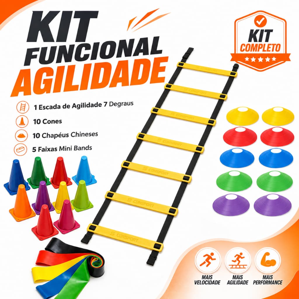 Kit Funcional Treino Agilidade 10 Cones 10 Chapeus Chines Escada 7 Degraus 1 Kit 5 Faixas Mini Bands