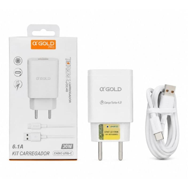 Kit Carregador 30W Turbo 6.1A USB + Cabo tipo c Carregamento Rápido original A, Gold
