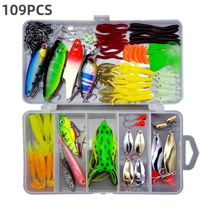 Conjunto De Isca De Pesca Kit 109 Caixa Macia Dura Ganchos Sal Água Doce