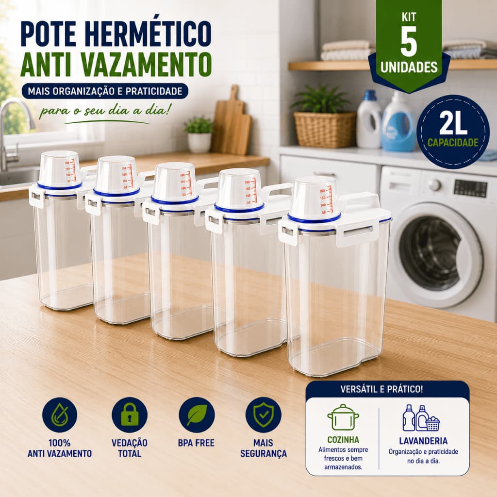 Kit 5 Potes Hermético Porta Mantimentos 2L Copo Medidor e Bico Dosador Livre BPA Vedação Hermética