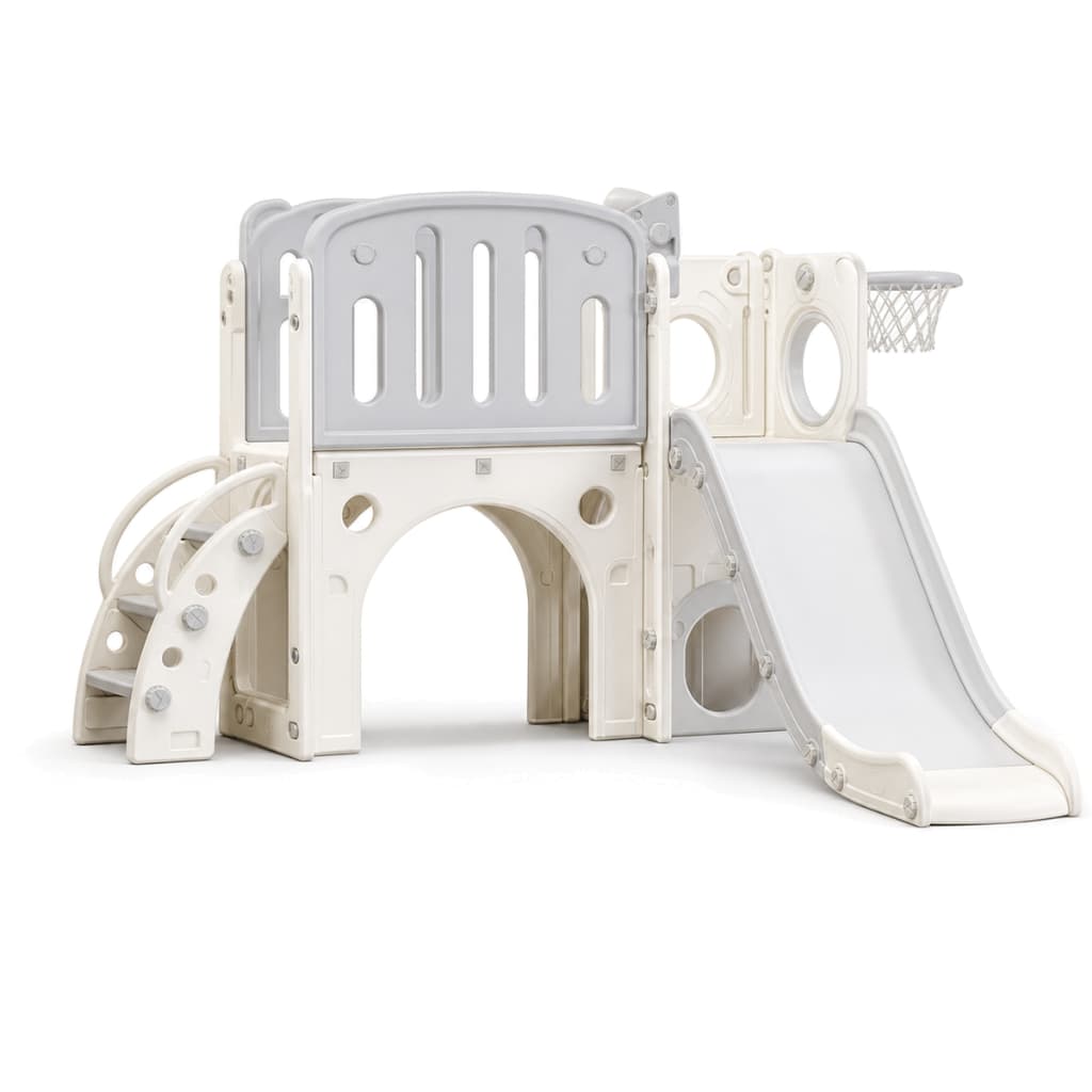 Escorregador Infantil Playground 4 em 1 com Ponte Cesta Basquete e Luneta Parquinho Criança Diversão