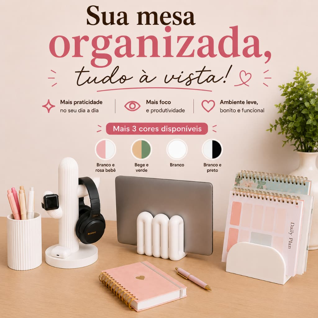 Kit 4 Organizador de Mesa/Setup Gamer/Suporte Notebook/Porta Caderno/Porta Canetas/Suporte Headset/Apple Watch/