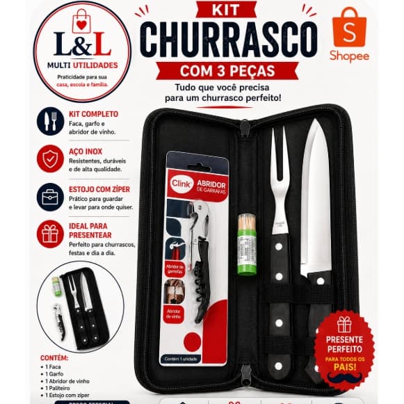 Kit Churrasco Premium Faca Garfo Abridor Estojo Dia dos Pais Presente Masculino