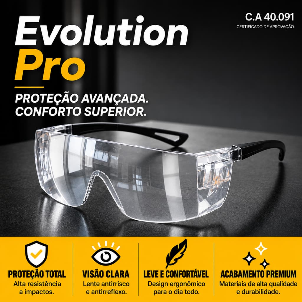Óculos de Proteção EPI Segurança Evolution Rio de Janeiro CA Incolor Proteção UV Policarbonato Antirrisco Industrial