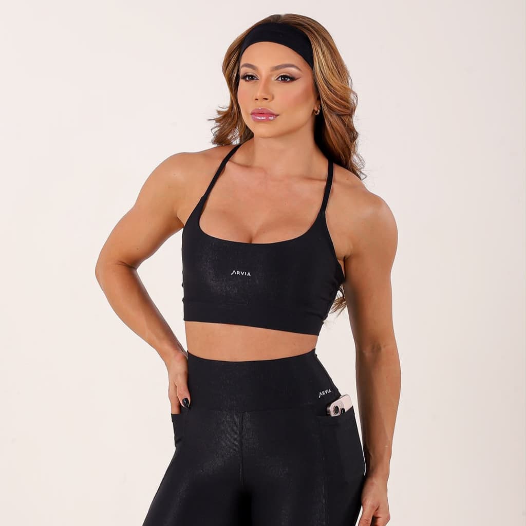 Conjunto Fitness Feminino Premium Top e Legging com Bolso Micro Canelado em Poliamida Zero Transparência Não Marca