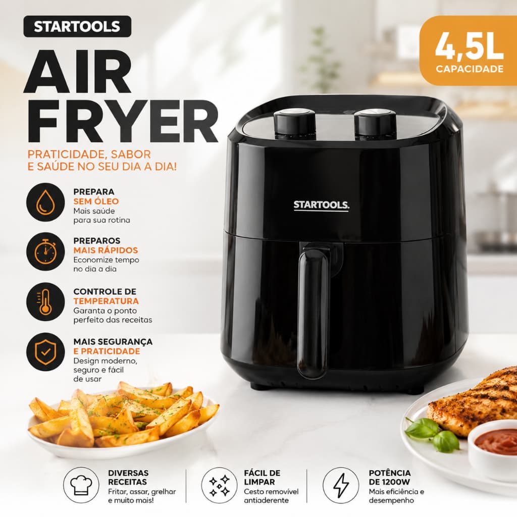 Fritadeira Eletrica AirFryer 3,4L Sem Oleo Anteaderente Não Suja Comida Batatas Salgados Saudável Pronta em Segundos