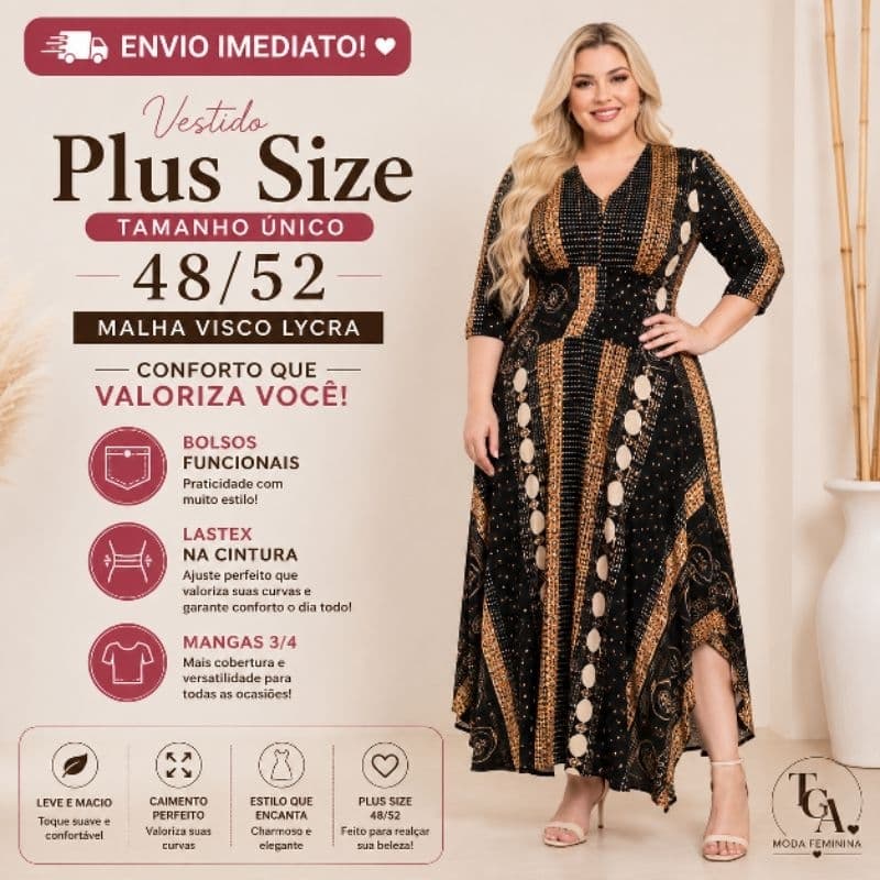 Vestido Longo Moda Evangélica Plus Size Mulher Curvy Manga 7/8 Viscolycra Elastex Envio Imediato CCB