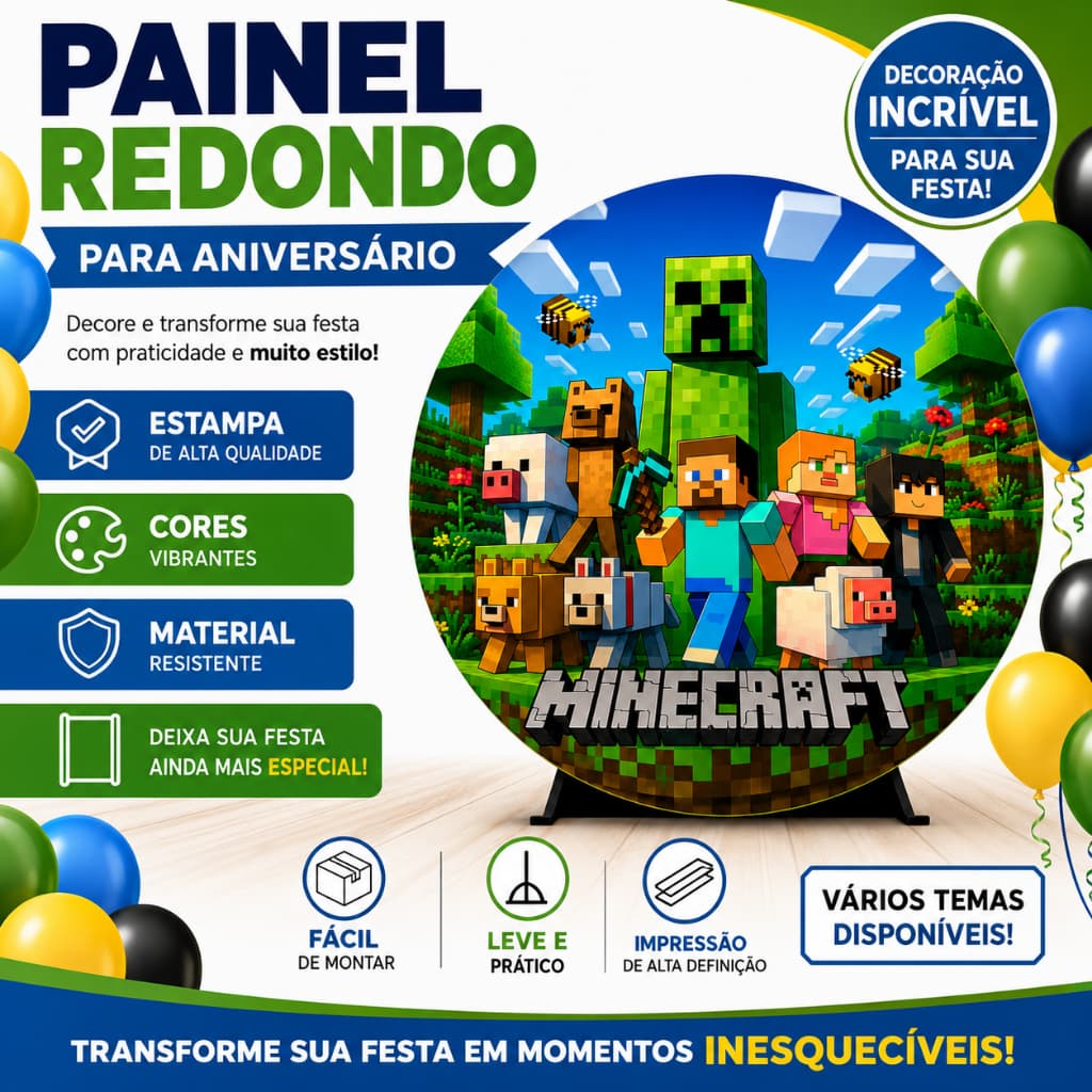 Capa Painel Redondo Mesa Feliz Aniversário Sublimado C/ Elástico Desenhos Eventos