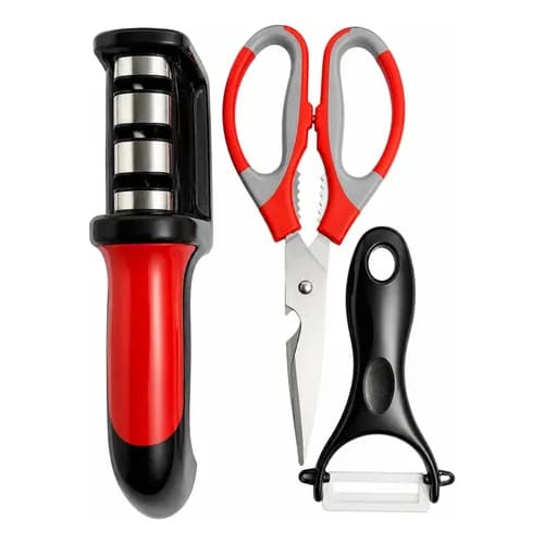 Kit Cozinha 3 peças - Amolador Facas, Com Tesoura E Descascador De Alimentos