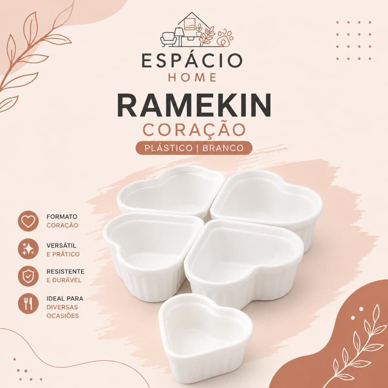 Kit Ramekin Coração 150ml Plástico Branco Petisqueira Porta Molho Sobremesa Mesa Posta
