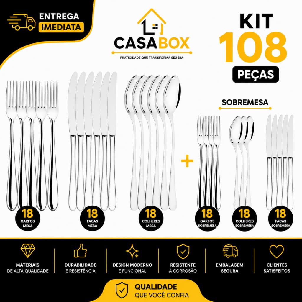 Jogo Completo Talheres Inox 108 72 ou 36 Peças Faca Colher Garfo Mesa + Faca Colher e Garfo Sobremesa Cozinha multiuso