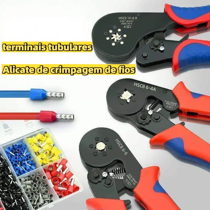 COMBO: Alicate de crimpagem quadrado + caixa com 1200 pontas de crimpagem (tipos para tubo redondo e pino)