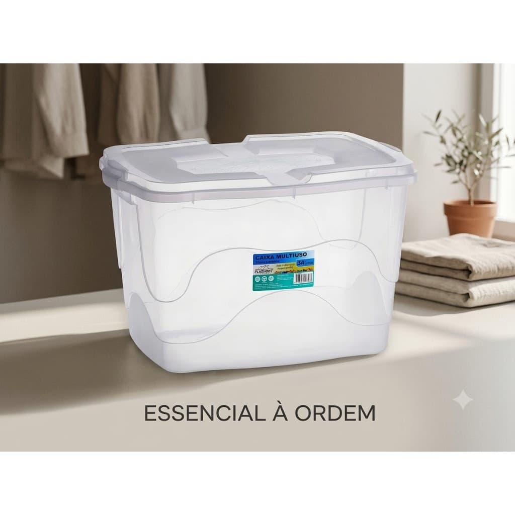 Kit 1 ou 3 Caixas Organizadora Plástico 34 Litros com Trava Transparente Multiuso Organizador Cesto Multiuso Resistente