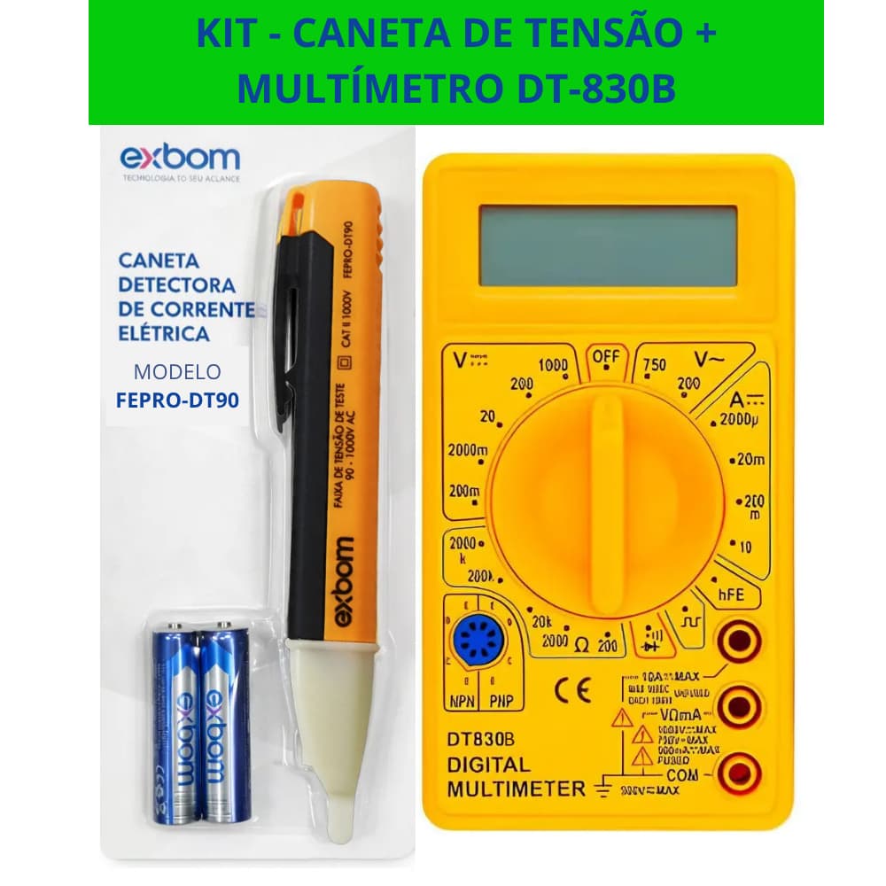 Caneta Tensão Digital Voltagem Bip Exbom S/ Contato 12V a 1000V+ Multímetro DT830B Portátil