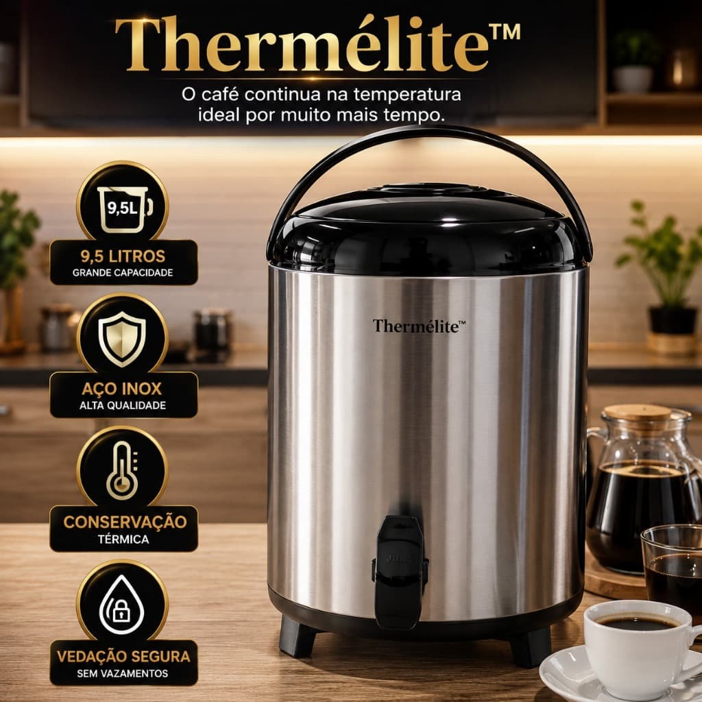 Botijão Térmico 9,5 Litros Aço Inox com Torneira Conserva Bebidas Quentes e Frias Thermélite