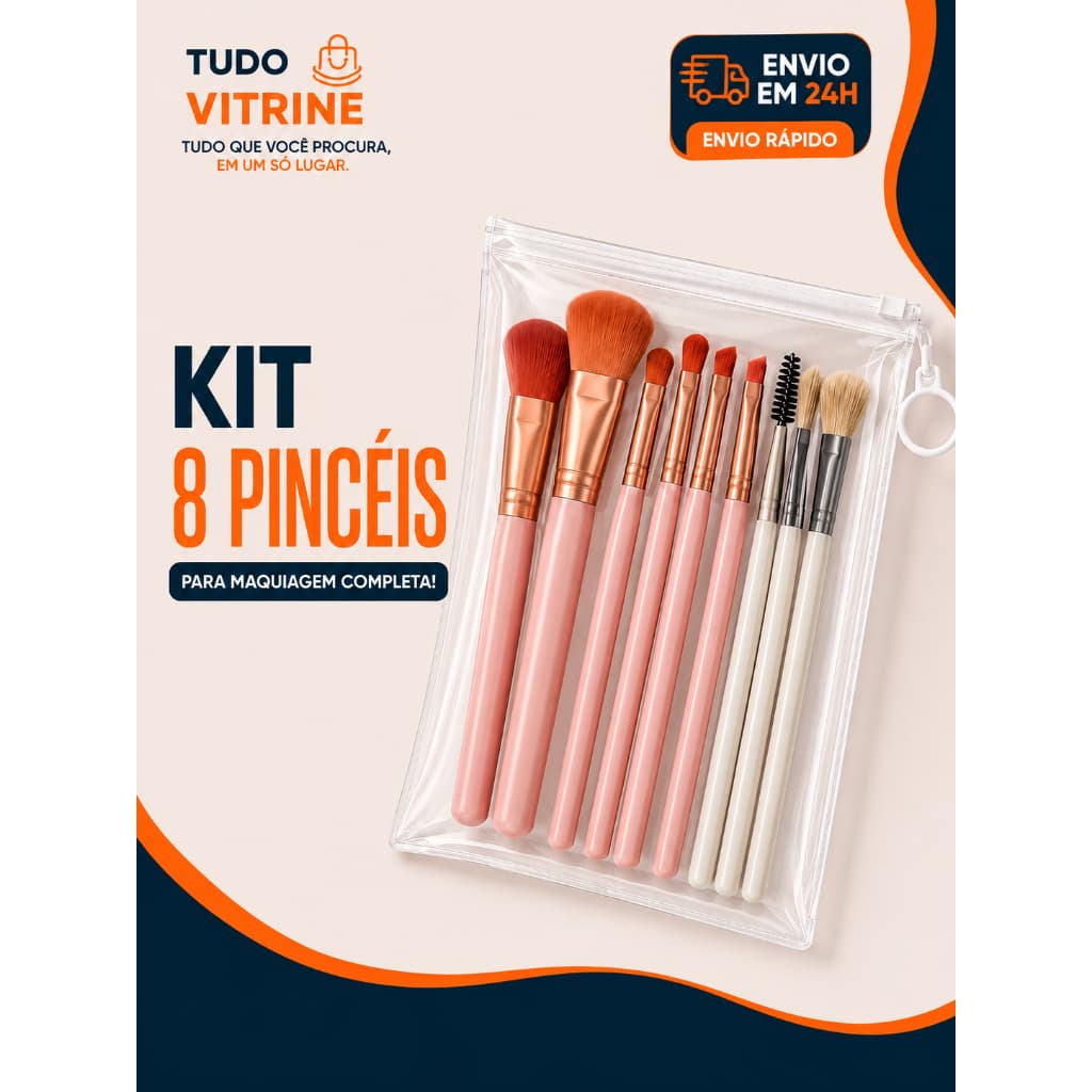 Kit 8 Pincéis de Maquiagem com Estojo Transparente Macios para Base Sombra Blush