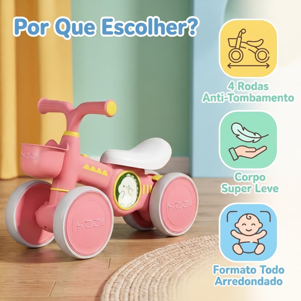 Bicicleta de Equilíbrio Bebê Rosa com Música–4 Rodas Antiderrapante,Presente Aniversário1 Ano Menina P25