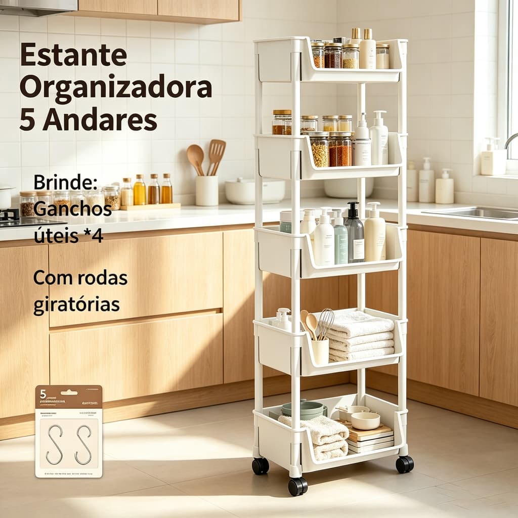 Carrinho Estante Organizador 5 Níveis com Rodas, Prateleira Empilhável para Cantos de Casa, Sala Quarto Escritório