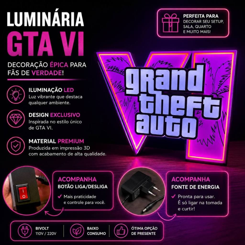 Luminária de LED GTA VI | ACOMPANHA BOTÃO LIGA/DESLIGA E CABO DE ENERGIA - Pronto para Usar
