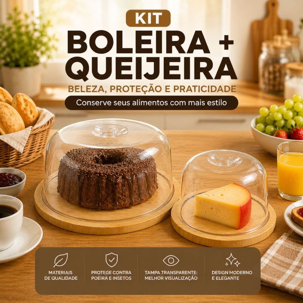 Kit Boleira com Tampa e Queijeira de Acrílico FWB – Ideal para Bolos, Tortas, Queijos e Frios