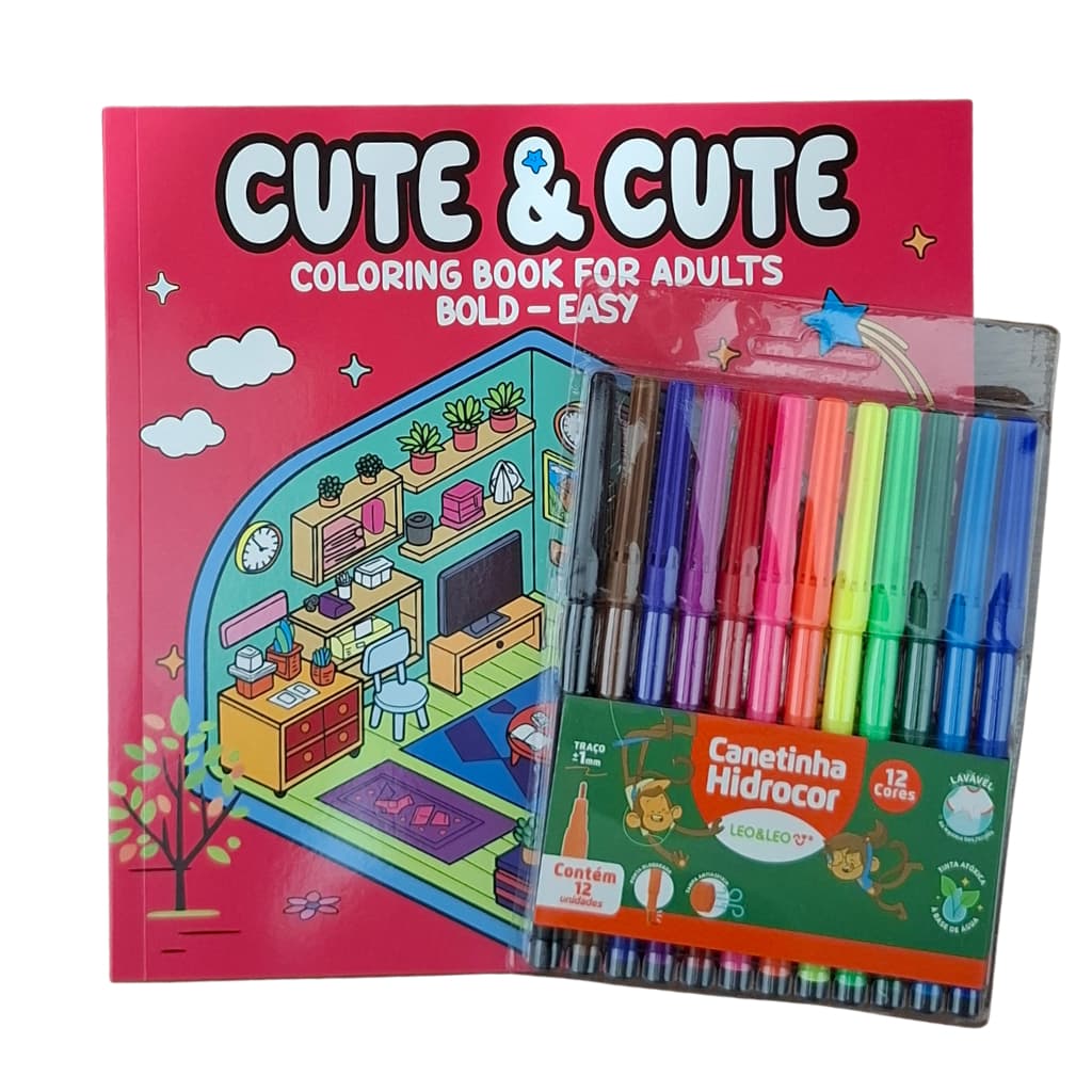 Kit Livro de Colorir Cute & Comfy e Canetinha Hidrocor 12 Cores Leo e Leo Ideal para Relaxar