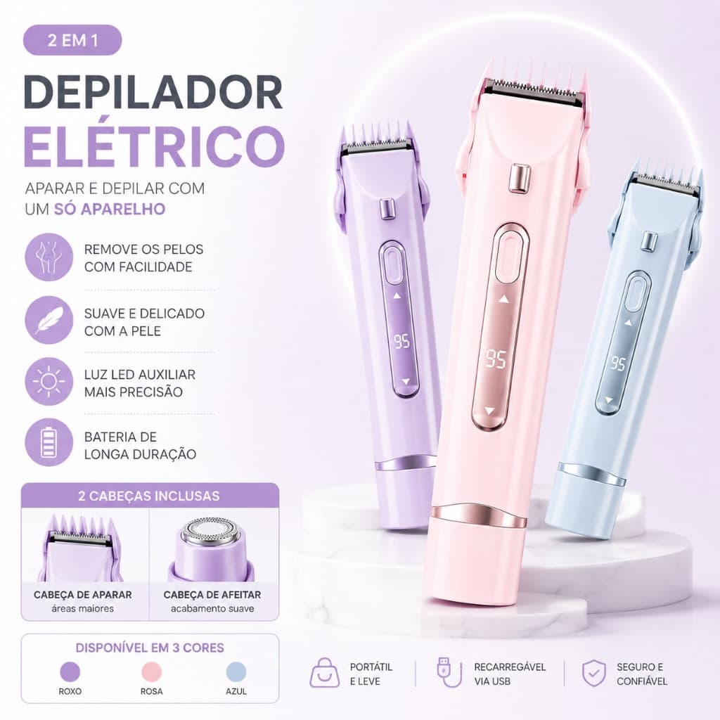 Aparador Feminino 2 em 1 Depilador Elétrico USB Recarregável LED Para Corpo Rosto Bikini Azul Rosa