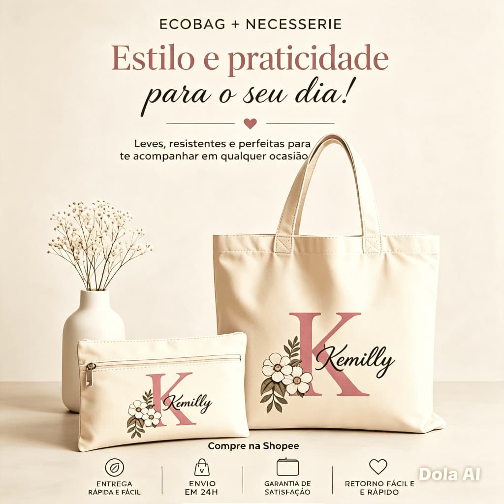 Kit Ecobag e  Necessaire Personalizadas com Nome e Inicial Presente Exclusivo Criativo