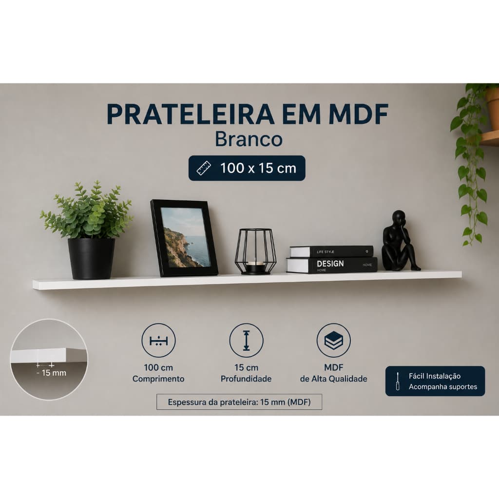 Prateleira Branca 100X15 Com Suporte Flutuante Mdf Organizadora Decoração Cozinha Quarto Banheiro