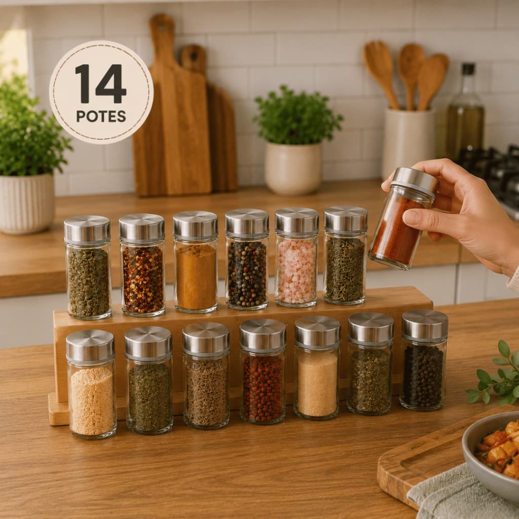 Kit 14 Potes Porta Temperos de Vidro com Tampa Inox Hermética Organizador para Cozinha Premium