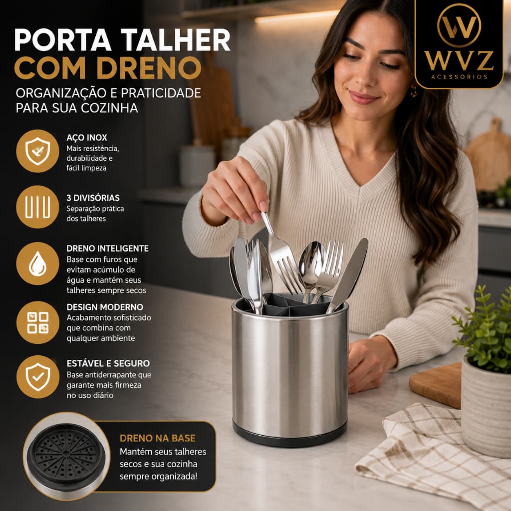 Porta Talher Inox com Dreno Escorredor Organizador de Utensílios Cozinha Premium 🍴✨