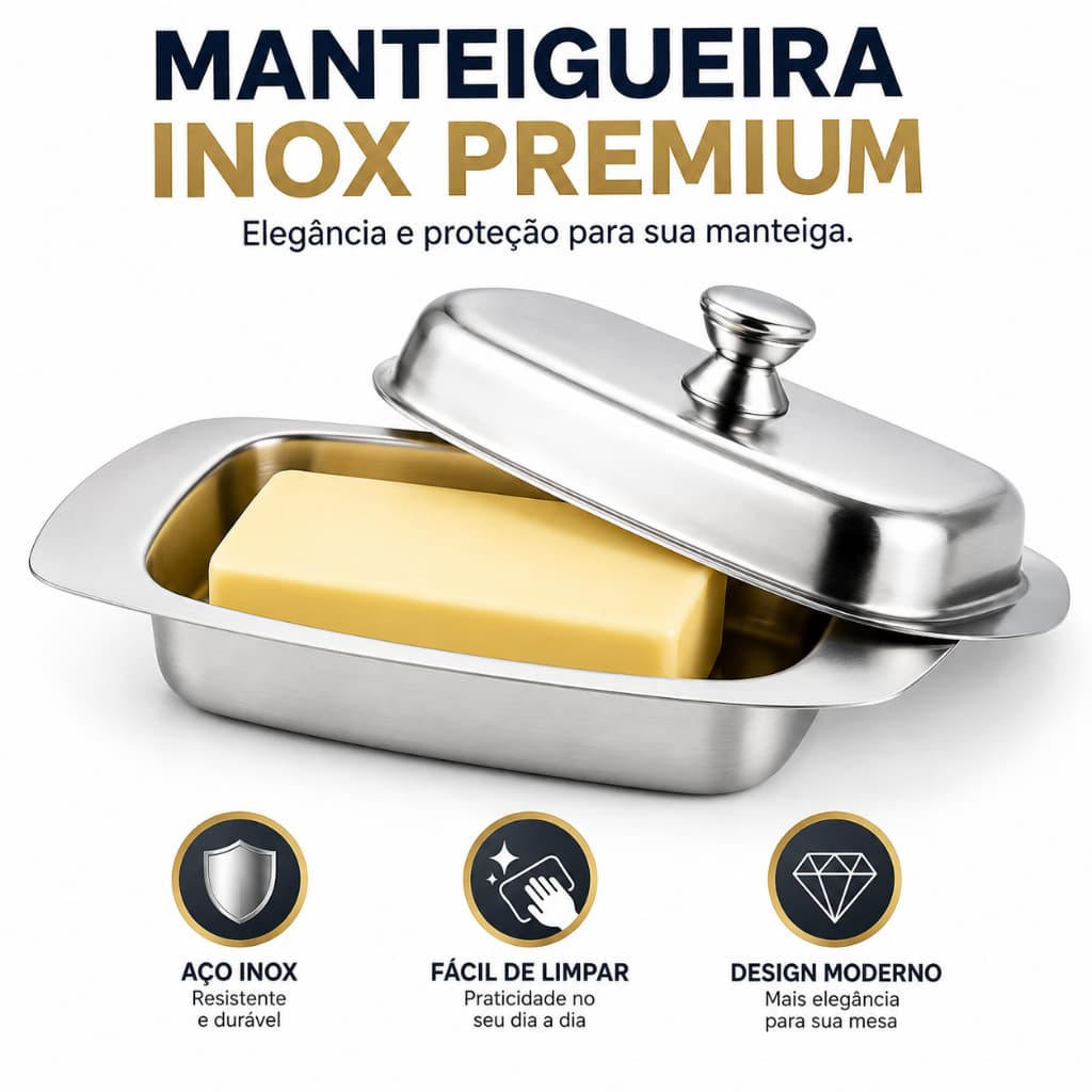 Mantegueira Tampa Inox Conserva Manteiga Fresca Design  Moderno  Utensílio Cozinha