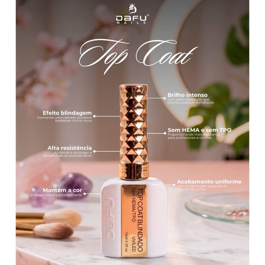 Top Coat Blindado Diamond DAFU Sem HEMA TPO Efeito Vidro Brilho Extra 15ml -RP02BT