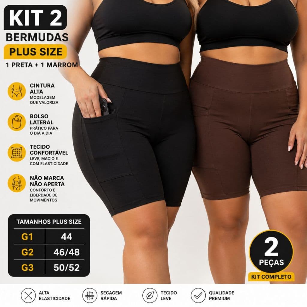 Kit 2 Shorts Feminino Plus Size Cintura Alta Academia Ciclismo Treino Bermudinha Fitness Com Bolso