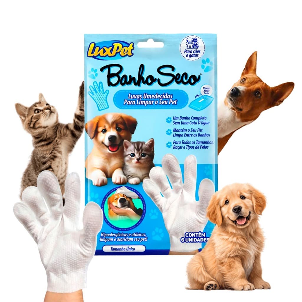 Luva Umedecida Banho a Seco Luxpet Cachorro Gato Higiene Pet Remove Odores E Sujeiras Sem Enxágue 6 Unidades