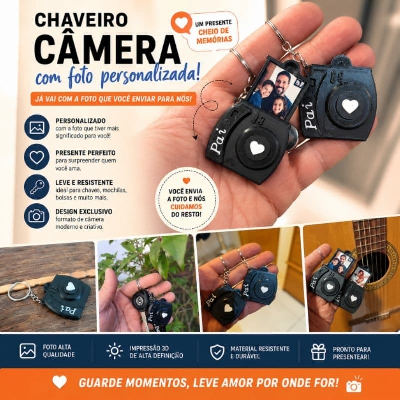 Chaveiro Câmera Personalizado com Foto – Presente Criativo para Pai no Dia dos Pais – Lembrança Afetiva em Impressão 3D