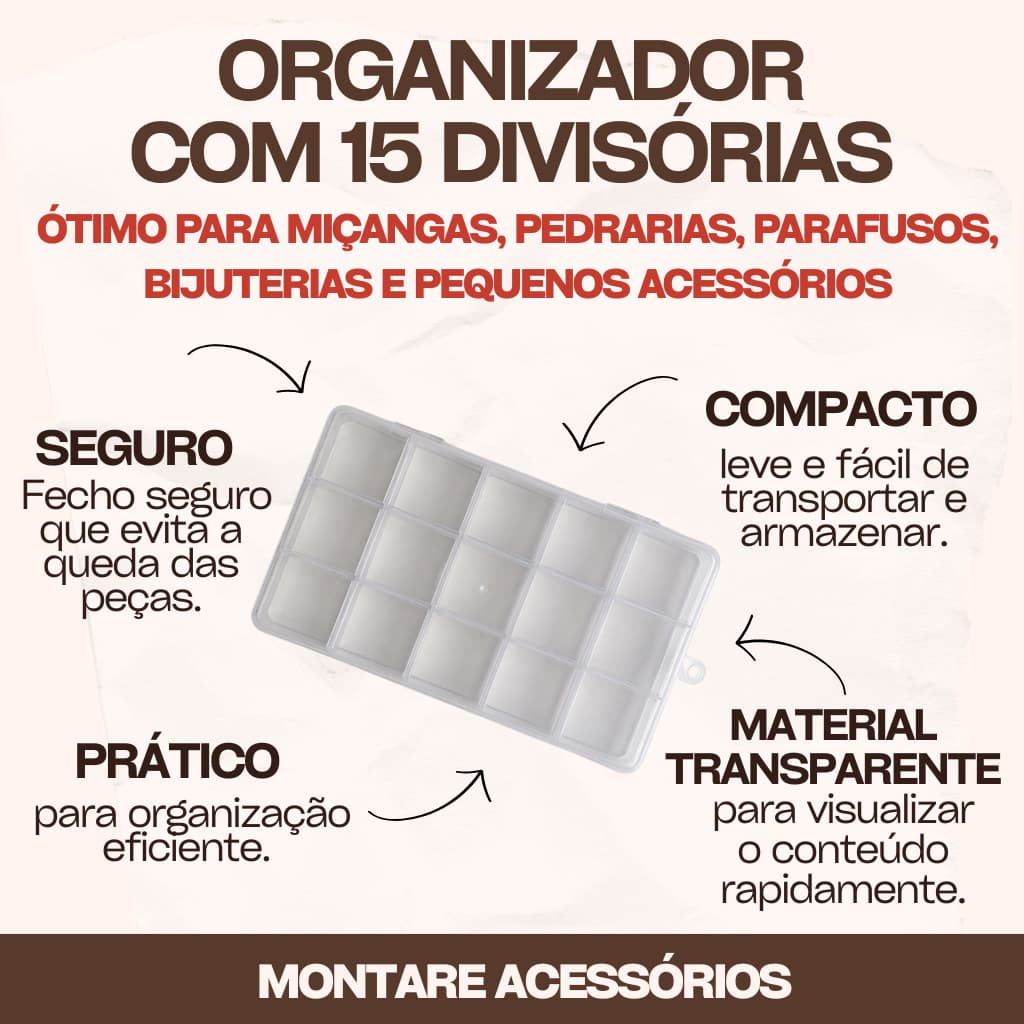 Caixa organizadora com 15 divisórias transparente com travas 17,2 x 10 x 2 cm caixa multiuso parafusos artesanato