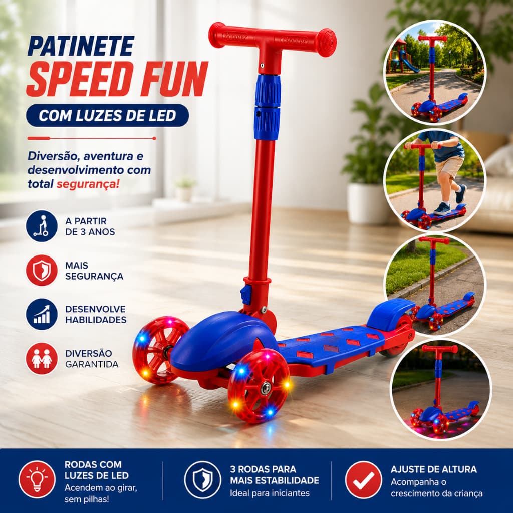 Patinete Infantil 3 Rodas com Luzes LED Vermelho Speed Fun Guidão Ajustável +3 Anos