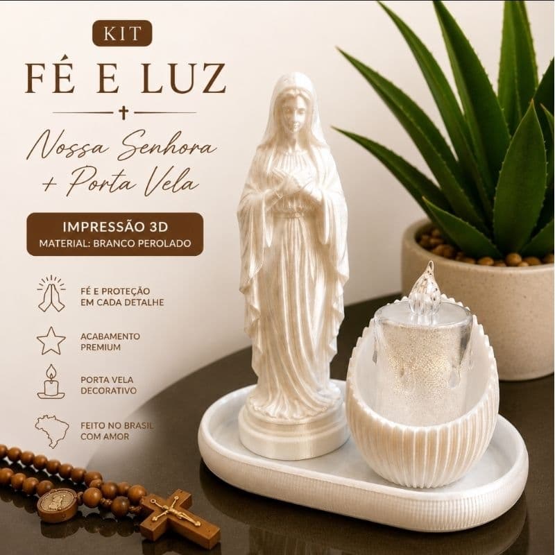 🙏 Kit Fé e Luz Nossa Senhora + Porta Vela Decorativo Religioso Sagrado Católico Decoração Casa Presente Especial