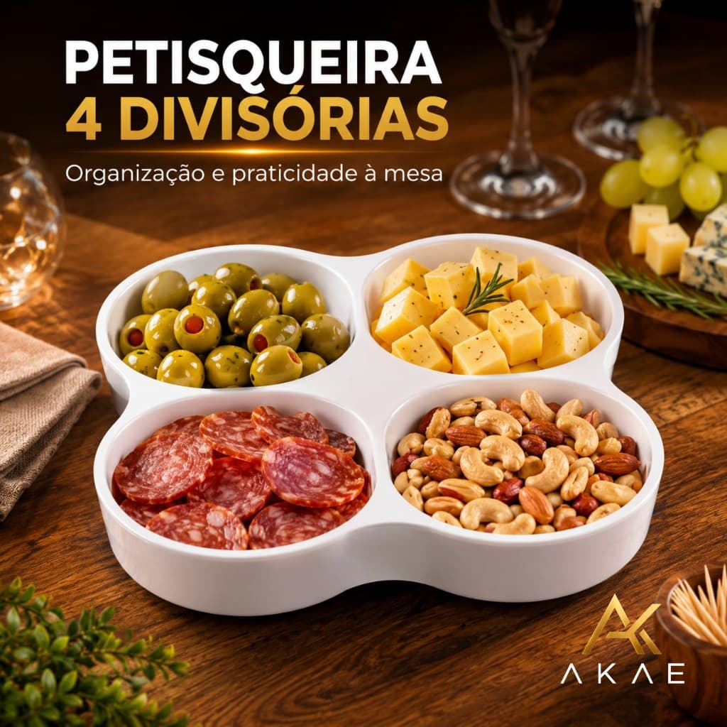 Petisqueira 4 Divisórias Melamina Resistente Bandeja Servir Molheira Branca Queijo Frios Doces Vinho