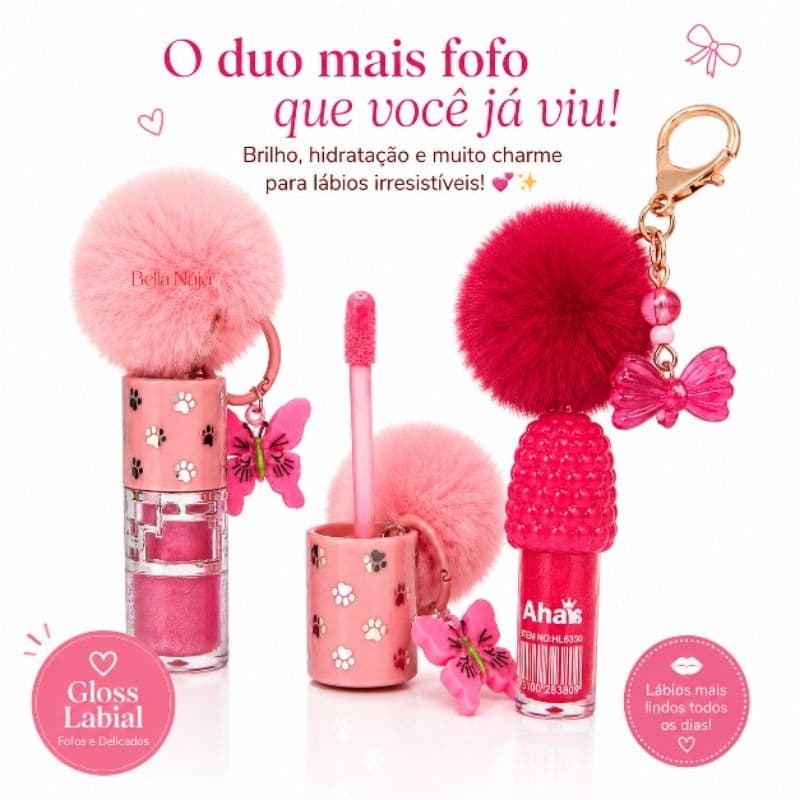 kit 2 Gloss Labial  com Pompom e Borboleta frutinha Feminino colecionáveis brilho com chaveiro