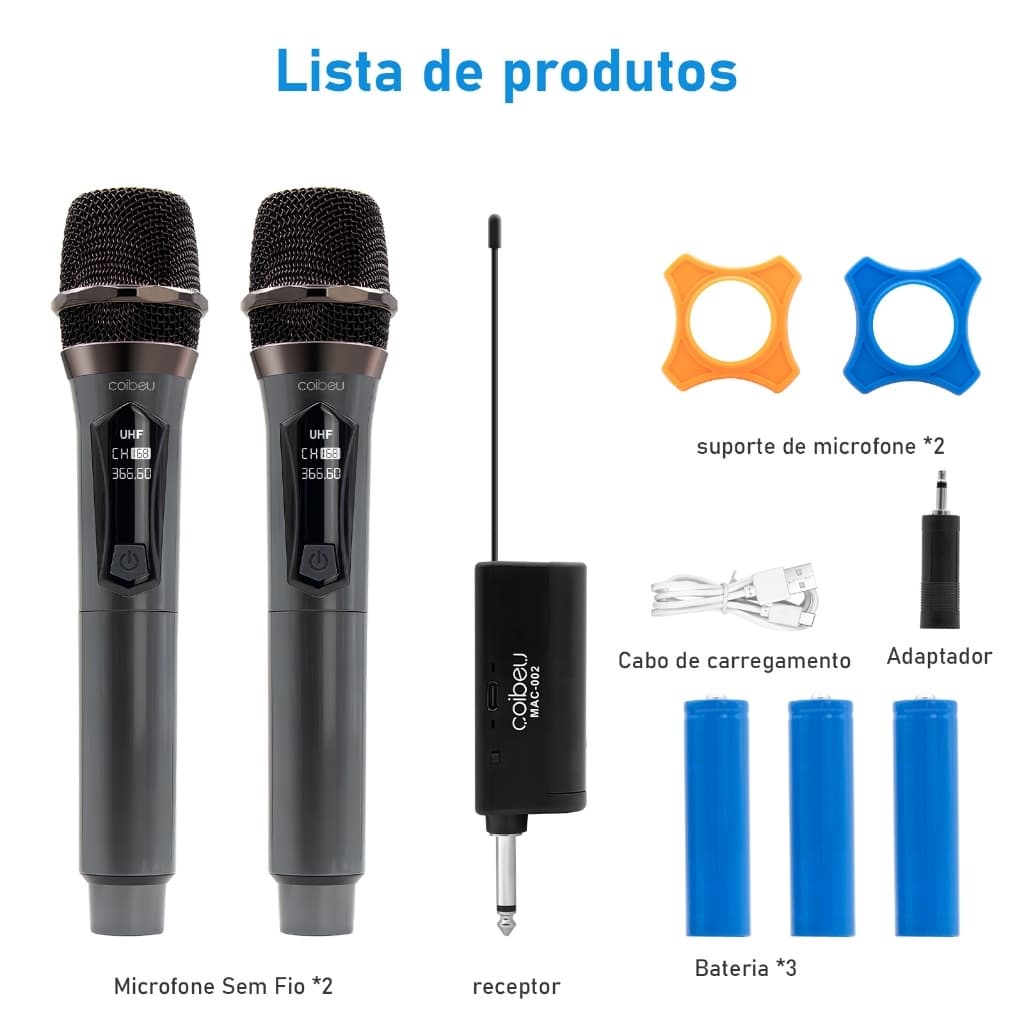 Microfone Duplo Sem Fio UHF Kit 2 Unidades Dinâmico Profissional Recarregável Sem Interferência