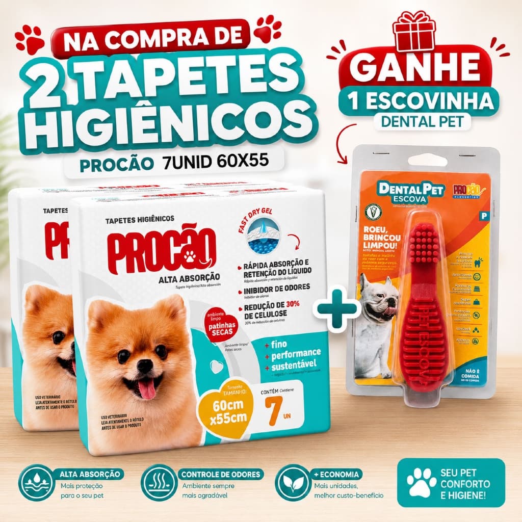 KIT 2 Tapetes Higiênicos Procão - Cachorros - Xixi no Lugar Certo - Alta Absorção - 60x55cm- 7 unid