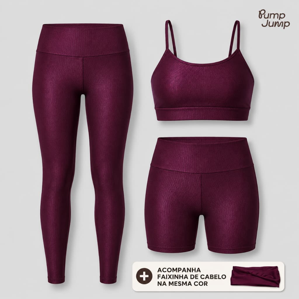 Kit Trio Top Fita + Legging + Bermuda Fitness com Faixa de Cabelo Poliamida Micro Canelada