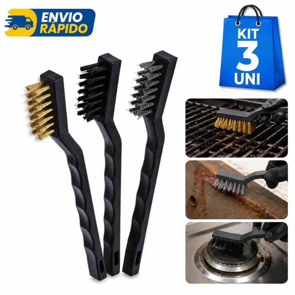 Kit 3 Escovas de Limpeza Aço Latão Nylon Multiuso para Ferrugem Grelha Fogão Churrasqueira Forno Metal Inox