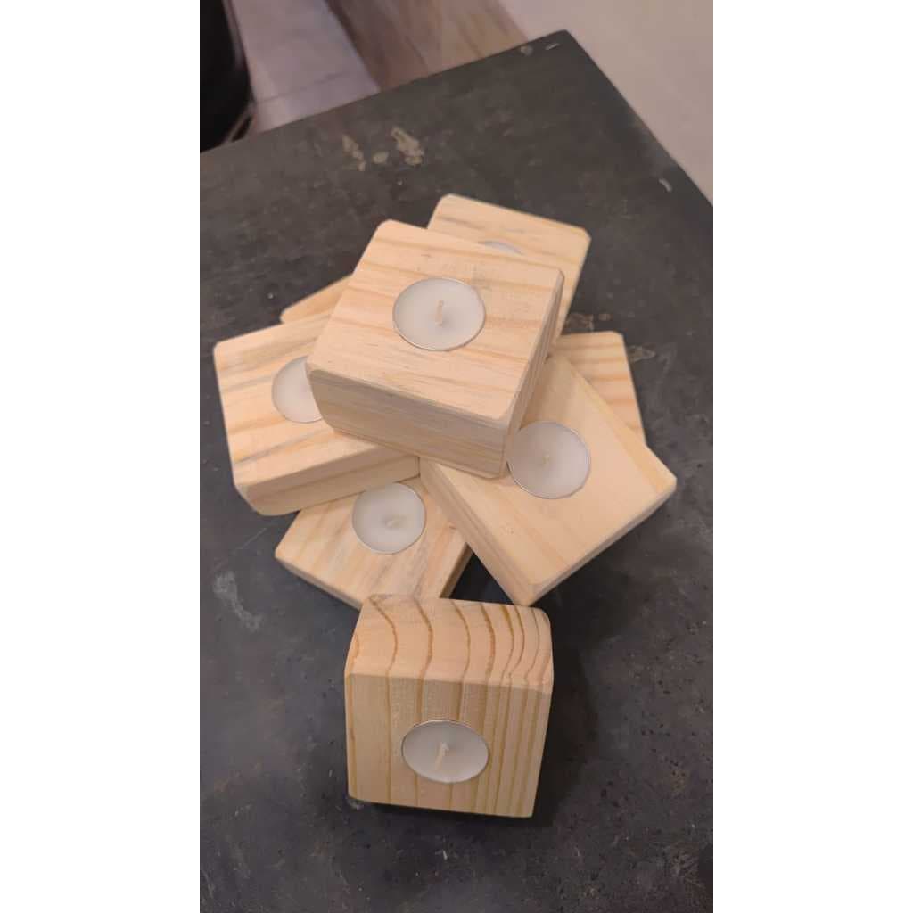 Kit 8 Porta Velas Castiçal Madeira Pinus + 8 Velas Rechaud Inclusas - Decoração Rústica