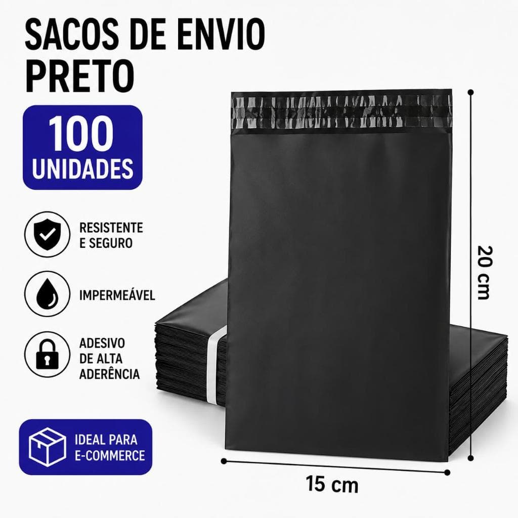 Saquinho de Envio Preto 15x20cm com fita adesiva Autocolante